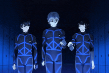 three anime characters are standing in a dark room