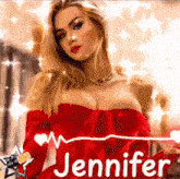 a woman in a red dress with the name jennifer written below her