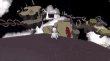 a cartoon character is standing on a cliff in a game