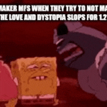 spongebob squarepants and patrick star are standing next to each other and talking to each other .