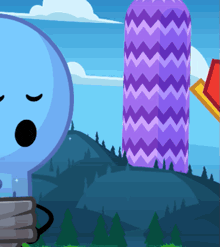 a blue cartoon character is standing next to a purple chevron striped tower