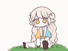 a drawing of a girl sitting in the grass with her hand to her mouth