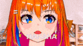 a close up of a girl 's face with the words " hahaha " written on it