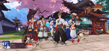 a group of anime characters are standing in front of a building with the name rina on the bottom