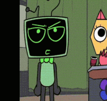 a cartoon character with a green head has a letter c on his face