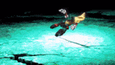 a cartoon character is flying through the air in a green room .