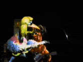a cartoon character playing a guitar next to a chicken