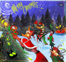 a merry christmas greeting card with cartoon characters in a snowy forest