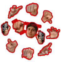 a man 's face is surrounded by stickers that say eres mal momo puto and more