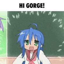 a girl with blue hair and green eyes is standing in front of a blackboard with the words hi gorge written above her