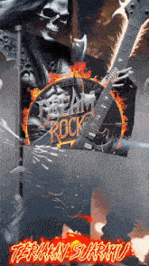 a poster of a skeleton holding a guitar with the words dream rock written on it