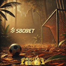 a soccer ball is in the middle of a forest with a soccer goal in the background and a museum bola logo below it