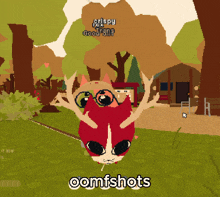 a cartoon drawing of a cat with antlers and the words oomfshots on the bottom