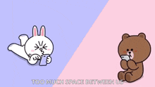 a cartoon of a rabbit and a teddy bear with the words too much space between us
