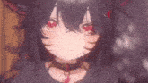 a close up of a girl with red eyes and black hair .