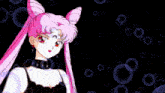 a cartoon character with pink hair is surrounded by bubbles on a black background