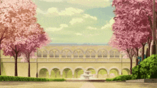 a fountain in front of a building with cherry blossom trees in front of it