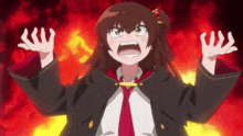 a girl in a black coat and red tie is making a very angry face