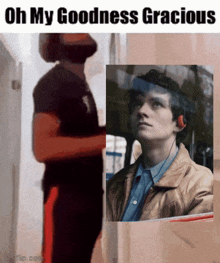 a picture of a man standing next to a picture of a man with headphones and the words oh my goodness gracious