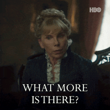 a woman sitting in a chair with the words " what more is there " on the bottom