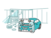 a drawing of two men working on a car