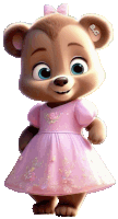 a cartoon bear wearing a pink dress with a bow and the letters ac on its ear