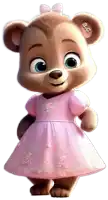 a cartoon bear wearing a pink dress with a bow and the letters ac on its ear