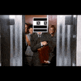 a man in a suit carrying a briefcase has a x and x on his face