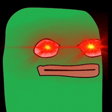 a green cartoon character with red eyes and a slight smile