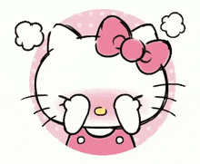 hello kitty is covering her eyes with her hands and blowing smoke coming out of her mouth .