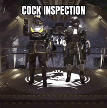 a couple of soldiers are dancing in a room with the words cock inspection written on the bottom .