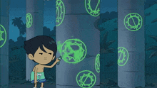 a cartoon of a boy and an owl with glowing symbols