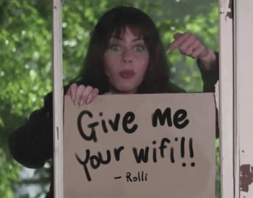 Woman screaming and holding a sign that says give me your wifi