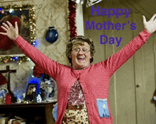 a woman in a pink sweater is celebrating mother 's day with her arms outstretched