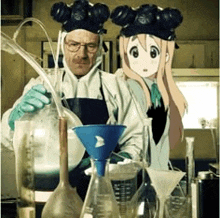 a man in a lab coat is pouring liquid into a beaker next to a girl in a lab coat