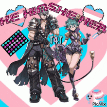 a man and a woman are standing next to each other with the words he him she her t4t