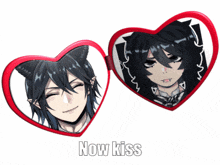 a heart shaped mirror with a picture of a boy and a girl and the words now kiss