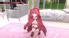 a girl in a red cape sits on a pink rug