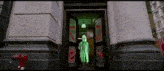 a ghost is standing in the doorway of a building with a red fire hydrant in front of it