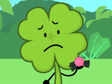 a cartoon illustration of a four leaf clover with a sad look on its face