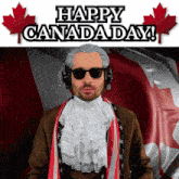 a man wearing a wig and sunglasses stands in front of a canadian flag with the words happy canada day