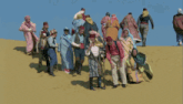 a group of people are standing on a sand dune
