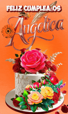 a feliz cumpleanos angelica card with a cake