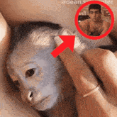 a person holding a small monkey with an arrow pointing to a man