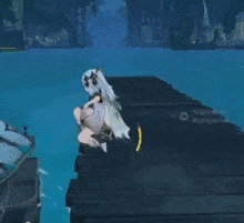 a person is walking across a bridge in a video game while holding a flower .
