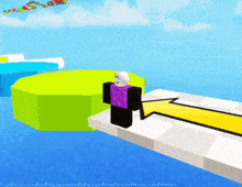 a person in a purple shirt is standing next to a yellow arrow pointing to the right
