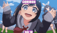 a girl in a school uniform is standing in front of a sign that says common rafw .