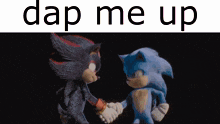 shadow the hedgehog and sonic the hedgehog shake hands in a dark room .