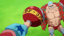 franky from one piece is holding a red ball with bf-37 on it