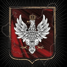 a white eagle with a crown on its head is on a red and black shield .